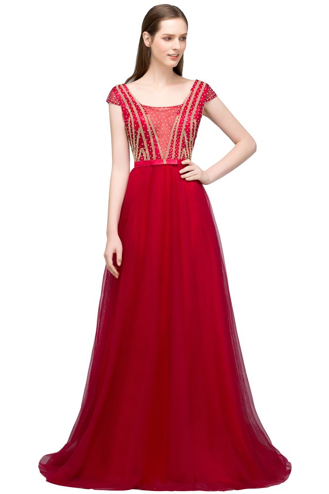 Vestidos de fiesta de tul con cuentas de cristal, corte A, largo hasta el suelo, mangas casquillo y faja