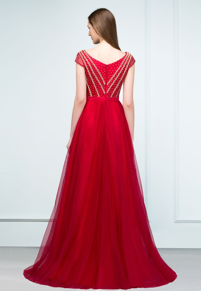 Vestidos de fiesta de tul con cuentas de cristal, corte A, largo hasta el suelo, mangas casquillo y faja