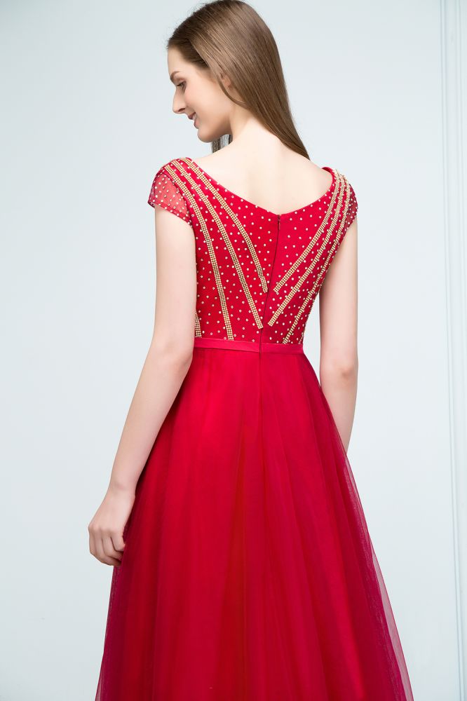 Vestidos de fiesta de tul con cuentas de cristal, corte A, largo hasta el suelo, mangas casquillo y faja