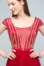 Vestidos de fiesta de tul con cuentas de cristal, corte A, largo hasta el suelo, mangas casquillo y faja