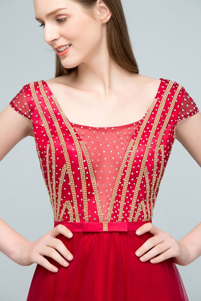 Vestidos de fiesta de tul con cuentas de cristal, corte A, largo hasta el suelo, mangas casquillo y faja