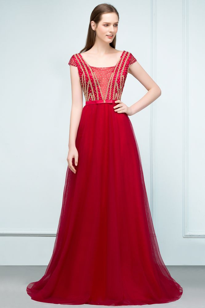 Vestidos de fiesta de tul con cuentas de cristal, corte A, largo hasta el suelo, mangas casquillo y faja