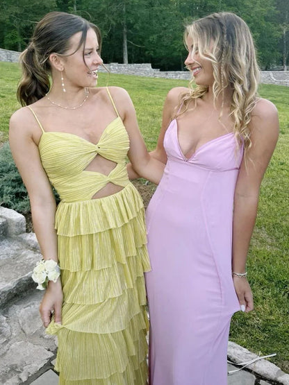 Curitis | Spaghetti Straps Yellow Keyhole Tiered Ruffle Long Formal Dress