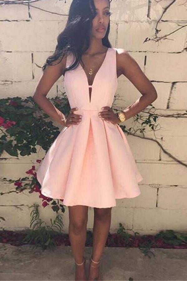 Vestido de fiesta corto rosa con escote en V, hecho a medida, vestido rosa con escote en V para regreso a casa PD158