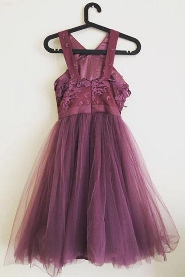 Hermosos vestidos de fiesta morados de tul con apliques y corte en A PD300