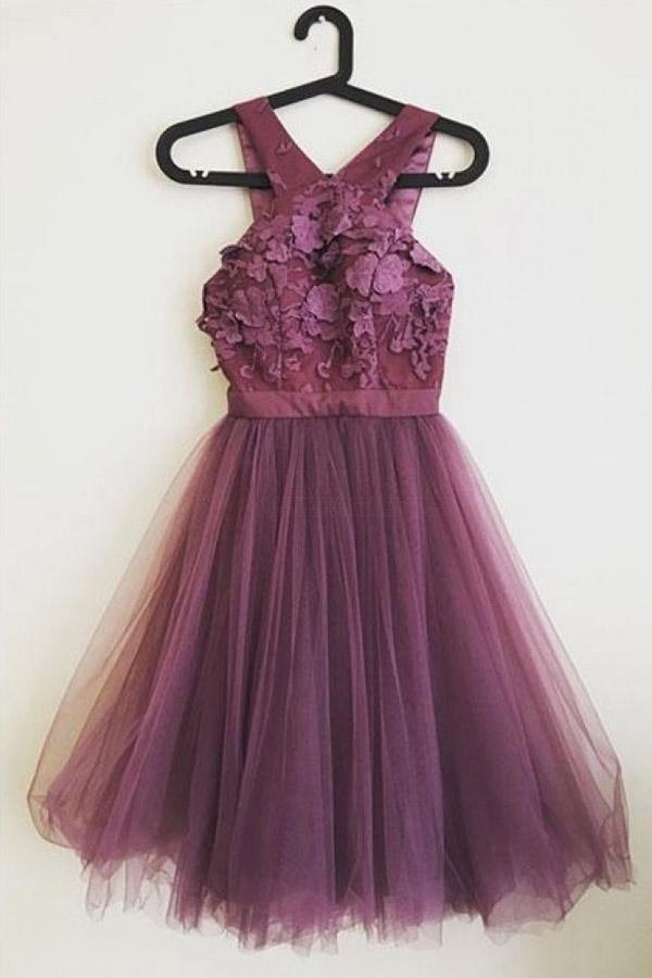 Hermosos vestidos de fiesta morados de tul con apliques y corte en A PD300