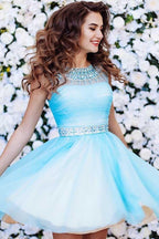 Vestido de fiesta corto azul de tul con corte en A, talla PG150