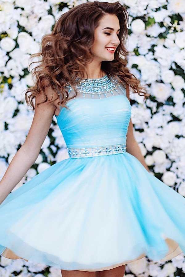 Vestido de fiesta corto azul de tul con corte en A, talla PG150