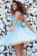Vestido de fiesta corto azul de tul con corte en A, talla PG150
