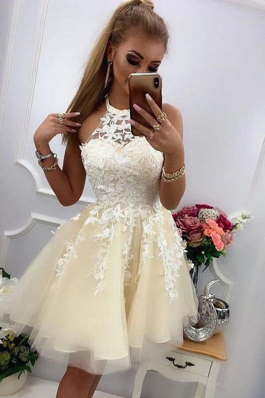 Süßes A-Linie Neckholder Tüll Spitze Kurzes Ballkleid für Teenager