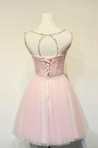 Vestido corto de fiesta de tul rosa con escote redondo y corte en A, PD131