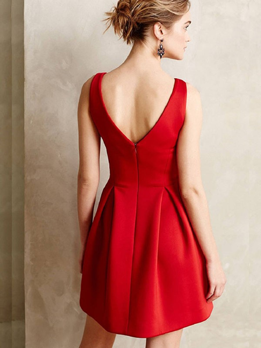 Lindos vestidos de fiesta cortos rojos sin mangas con escote en V y corte A