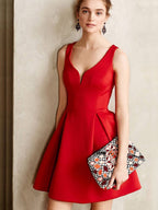 Lindos vestidos de fiesta cortos rojos sin mangas con escote en V y corte A