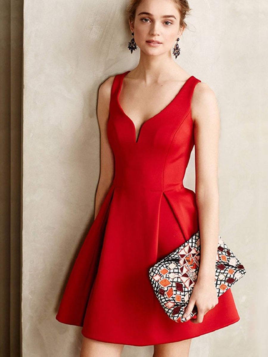 Lindos vestidos de fiesta cortos rojos sin mangas con escote en V y corte A