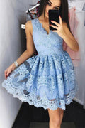 Vestido de fiesta corto de encaje azul bonito Vestido de fiesta de encaje azul PG172