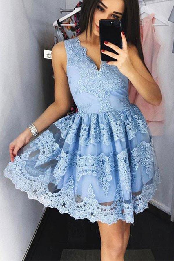 Vestido de fiesta corto de encaje azul bonito Vestido de fiesta de encaje azul PG172
