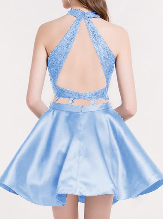 Vestido corto de satén con encaje azul de dos piezas, vestido de fiesta para bienvenida, PG196