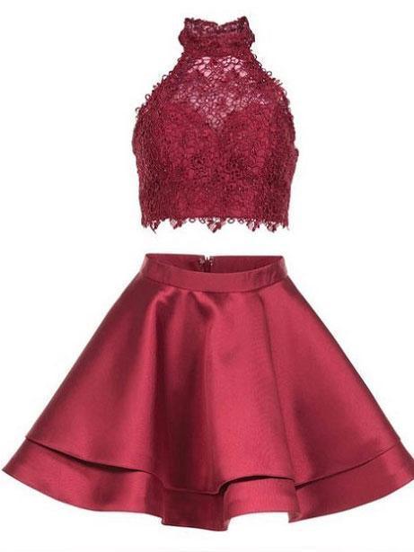 Vestido corto de satén con encaje azul de dos piezas, vestido de fiesta para bienvenida, PG196