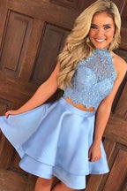 Vestido corto de satén con encaje azul de dos piezas, vestido de fiesta para bienvenida, PG196