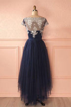 Hermoso vestido de fiesta de tul azul oscuro con encaje, corte asimétrico, vestidos de noche PG421