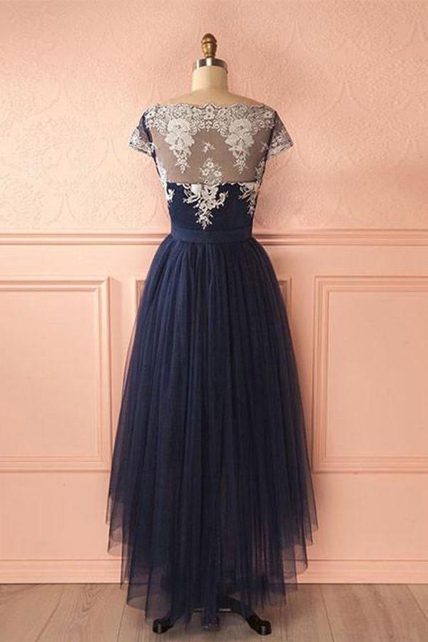 Hermoso vestido de fiesta de tul azul oscuro con encaje, corte asimétrico, vestidos de noche PG421