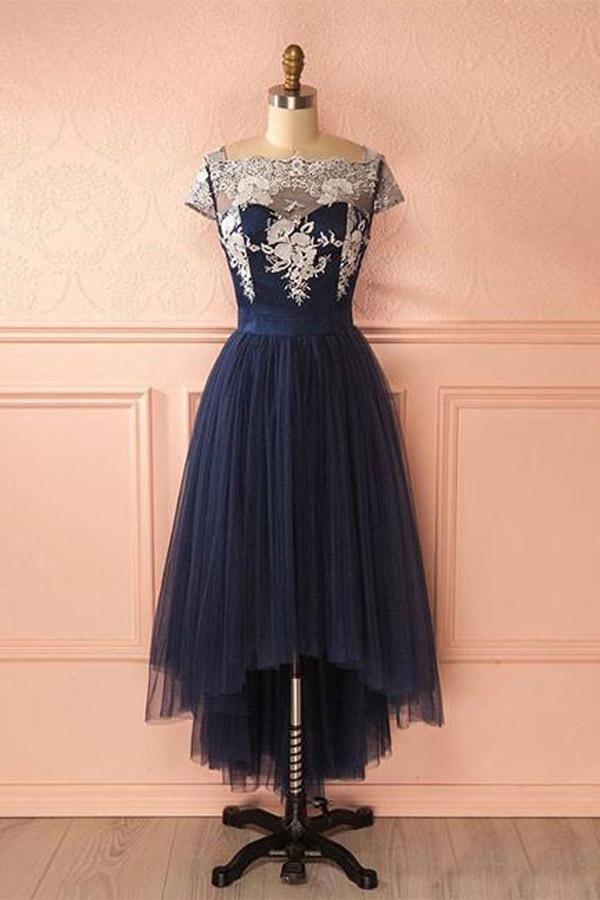 Hermoso vestido de fiesta de tul azul oscuro con encaje, corte asimétrico, vestidos de noche PG421