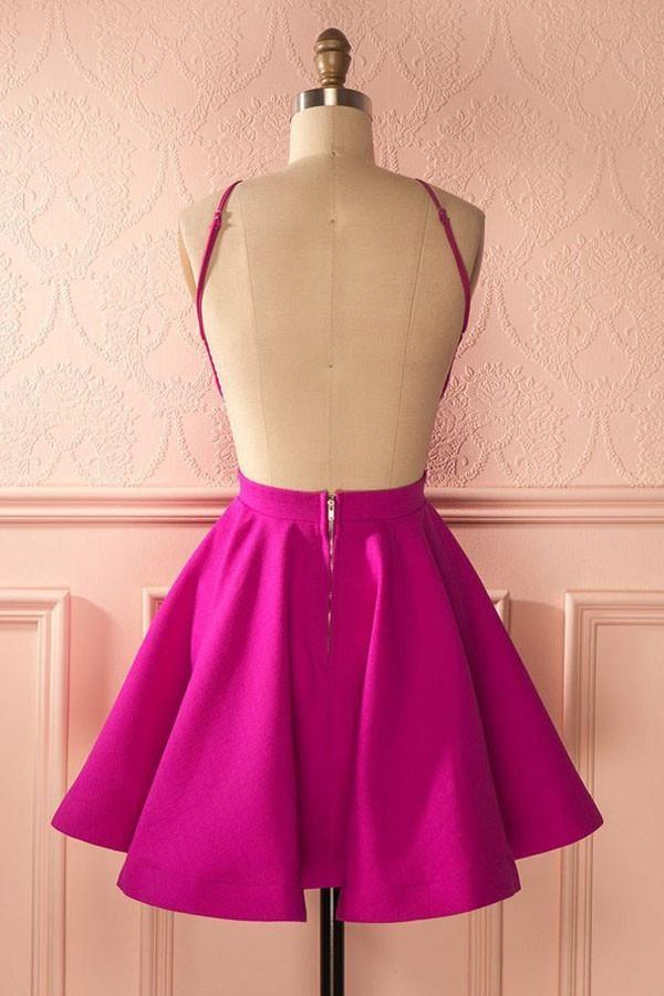 Vestido de fiesta corto rosa intenso sin espalda, bonito, PG141