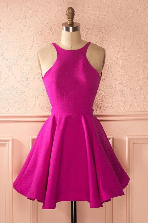 Vestido de fiesta corto rosa intenso sin espalda, bonito, PG141