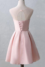 Lindos vestidos de fiesta cortos con escote redondo en rosa, con ilusión PD217