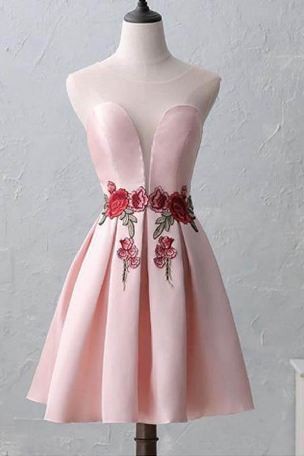 Lindos vestidos de fiesta cortos con escote redondo en rosa, con ilusión PD217