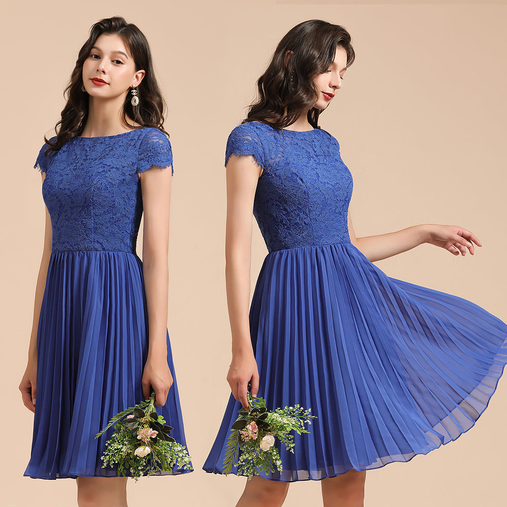 Lindo minivestido de fiesta de gasa con encaje y mangas cortas hasta la rodilla para el regreso a casa.