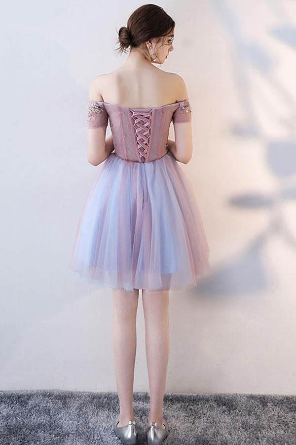 Vestido corto de tul con hombros descubiertos y encaje, PD143