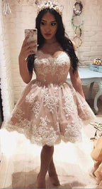 Vestido de fiesta corto de encaje rosa, corte A, con hombros descubiertos, PG143