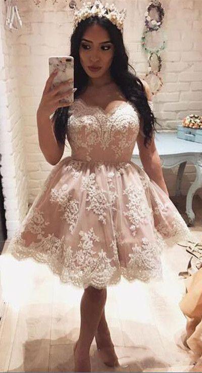 Vestido de fiesta corto de encaje rosa, corte A, con hombros descubiertos, PG143