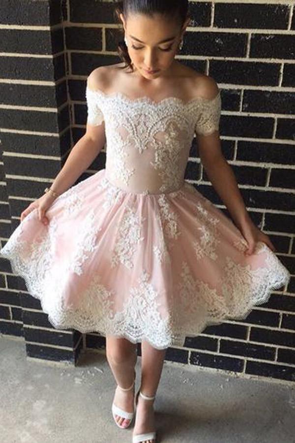 Vestido de fiesta corto de encaje rosa, corte A, con hombros descubiertos, PG143
