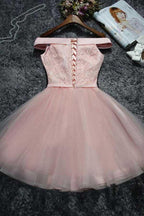 Vestido corto de fiesta con tul y encaje rosa, PD144