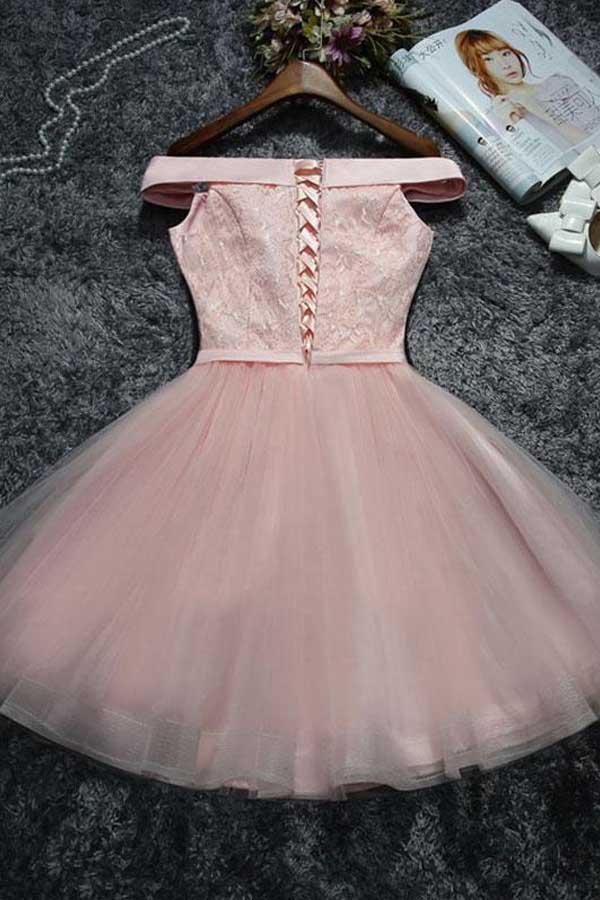 Vestido corto de fiesta con tul y encaje rosa, PD144