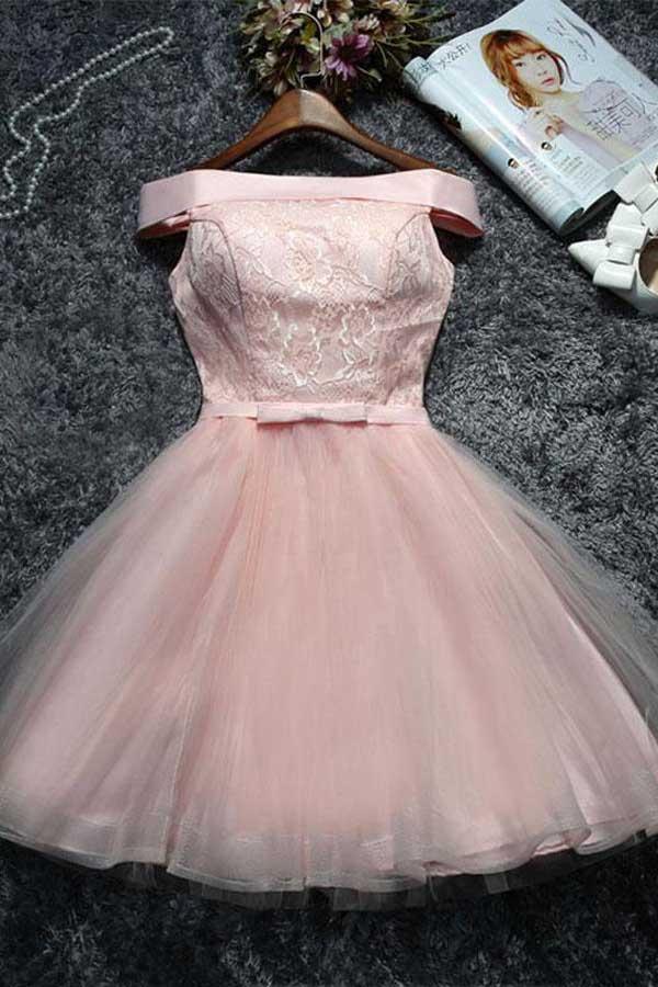 Vestido corto de fiesta con tul y encaje rosa, PD144