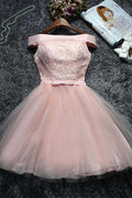 Vestido corto de fiesta con tul y encaje rosa, PD144