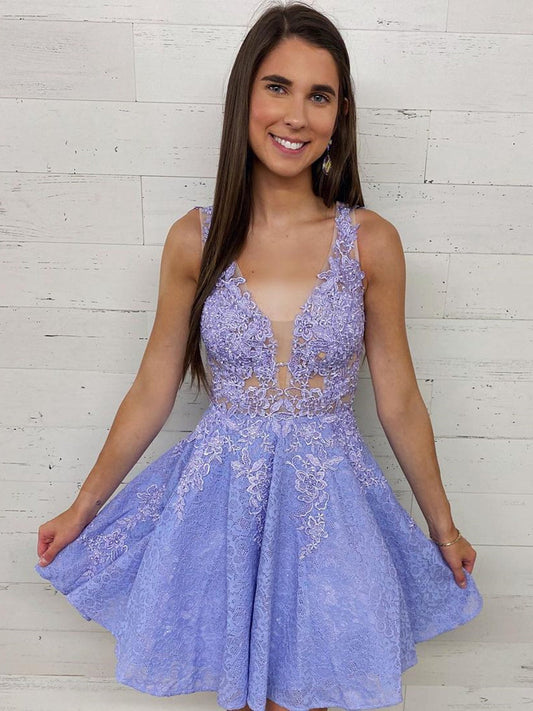 Bonitos vestidos de fiesta de graduación con encaje, escote en V y corte A, color morado