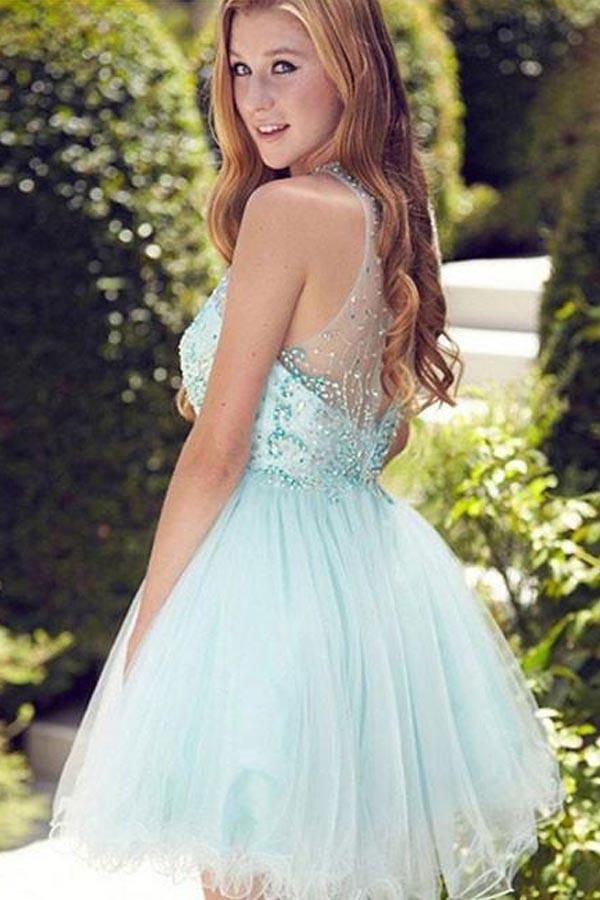 Vestido corto de fiesta con cuello redondo, de tul, cuentas y lentejuelas, PG170
