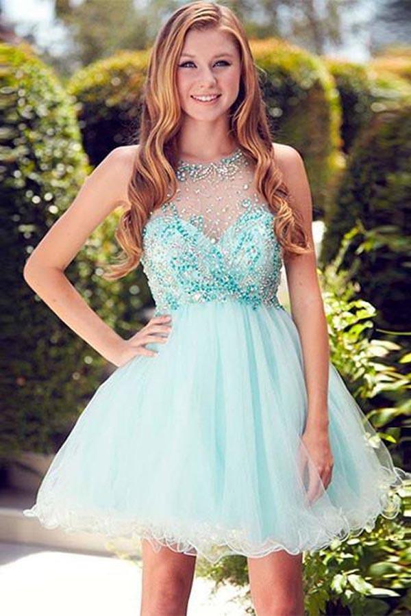 Vestido corto de fiesta con cuello redondo, de tul, cuentas y lentejuelas, PG170