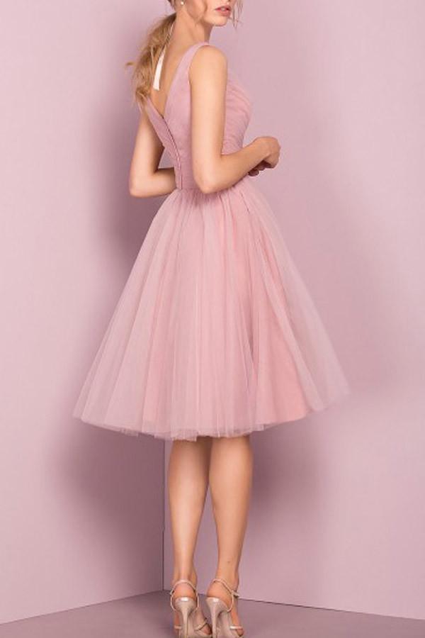 Süßes knielanges rosa Homecoming-Kleid mit V-Ausschnitt, kurzes Ballkleid PG151