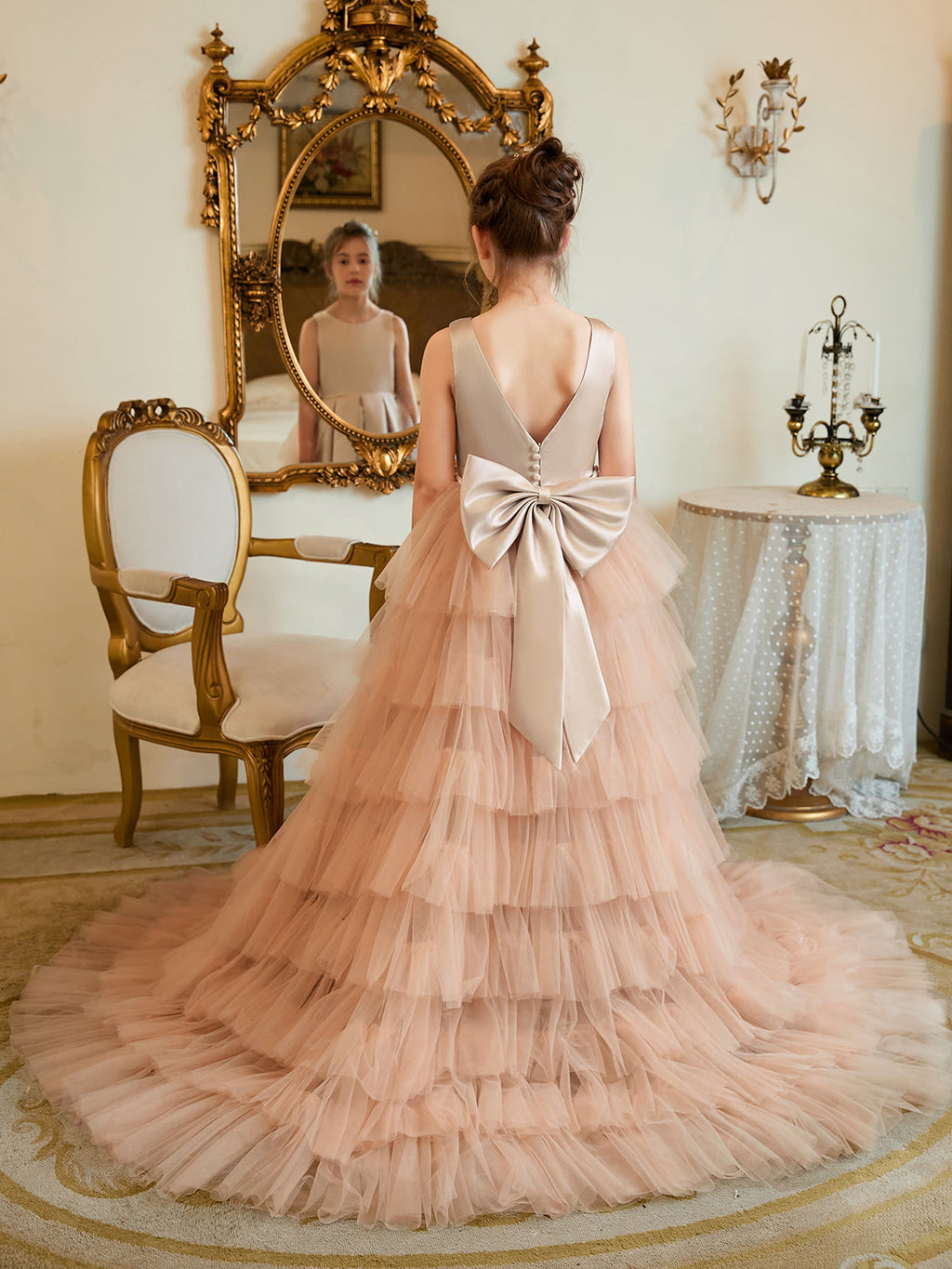 A-Linie Satin Tüll Sweep/Pinsel zug Champagner Kleid (010225319) 