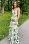 Melssa | Vestido largo de sirena con volantes anudados en color salvia