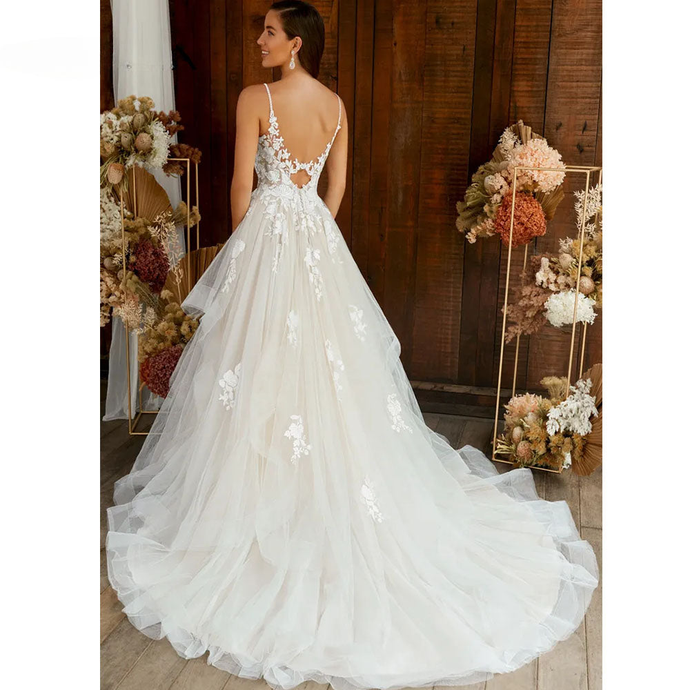 Boho Elegant Wedding Dress For Women V-Neck A-Line Tiered Lace Appliques Backless Bridal Gowns Vestidos De Novia-payinti