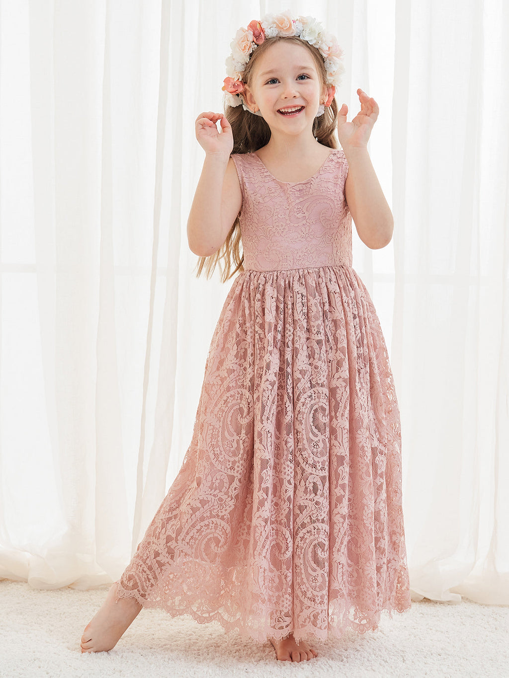 A-Linien-Spitze Knöchellanges Elfenbein Boho Blumenmädchenkleid 