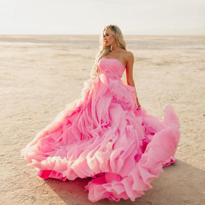 Elegant Pink Petal Ruffle Prom Party Dresses  Long Strapless Bridal Photography Dress Beach Boho Maternity Photo Shoot Gowns