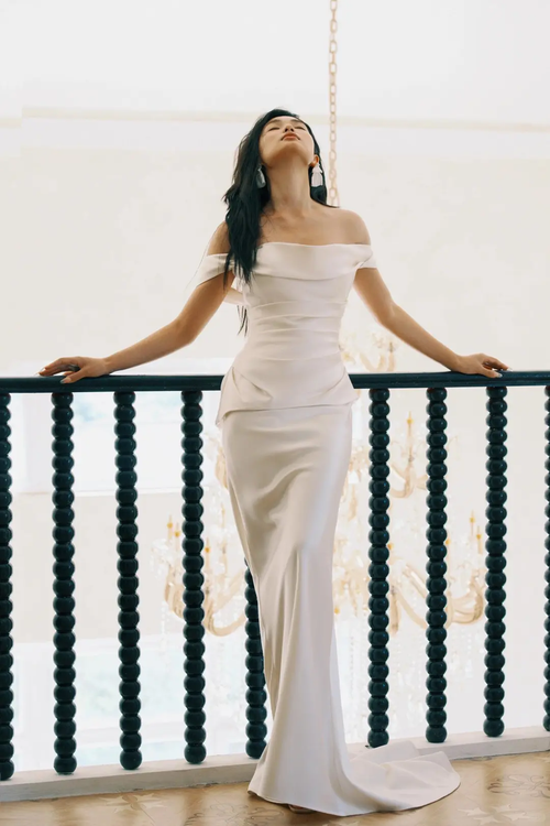 Vestido de noche de sirena con escote en V y satén, vestido de fiesta blanco, vestido de novia Y8592