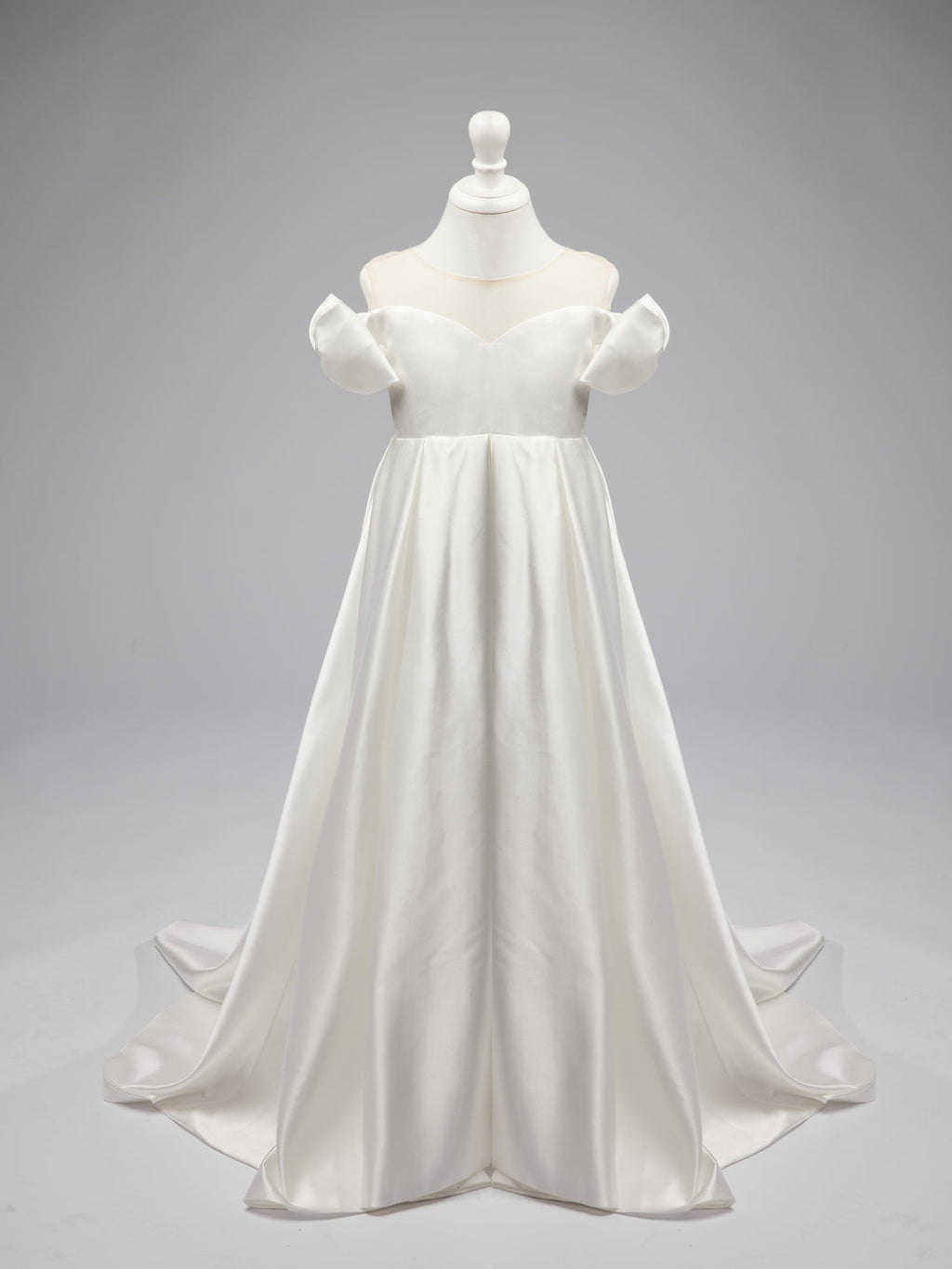 Elfenbeinfarbenes Blumenmädchenkleid aus Satin mit Schleppe 